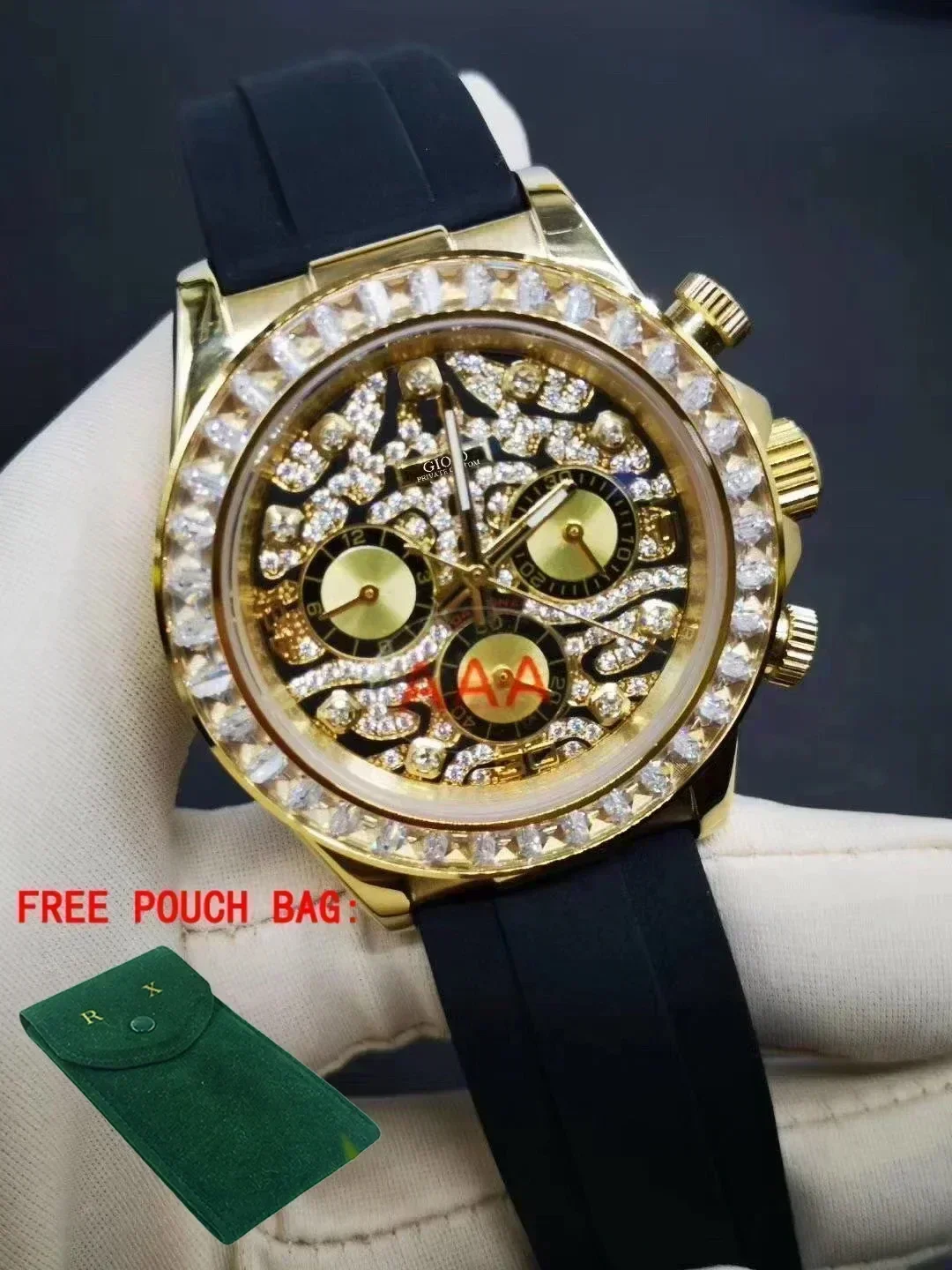 Luxury New Men Watch Automatic Mechanical Stainless Steel Black Rubber Rose Gold Silver Diamonds Dial