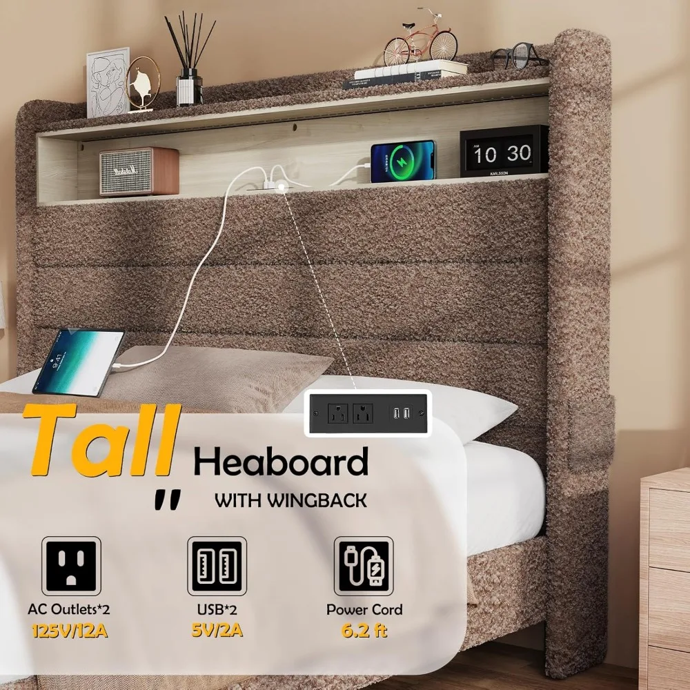 Cama com cabeceira alta e luzes LED, estação de carregamento, plataforma estofada, Wingback, sem Box Spring