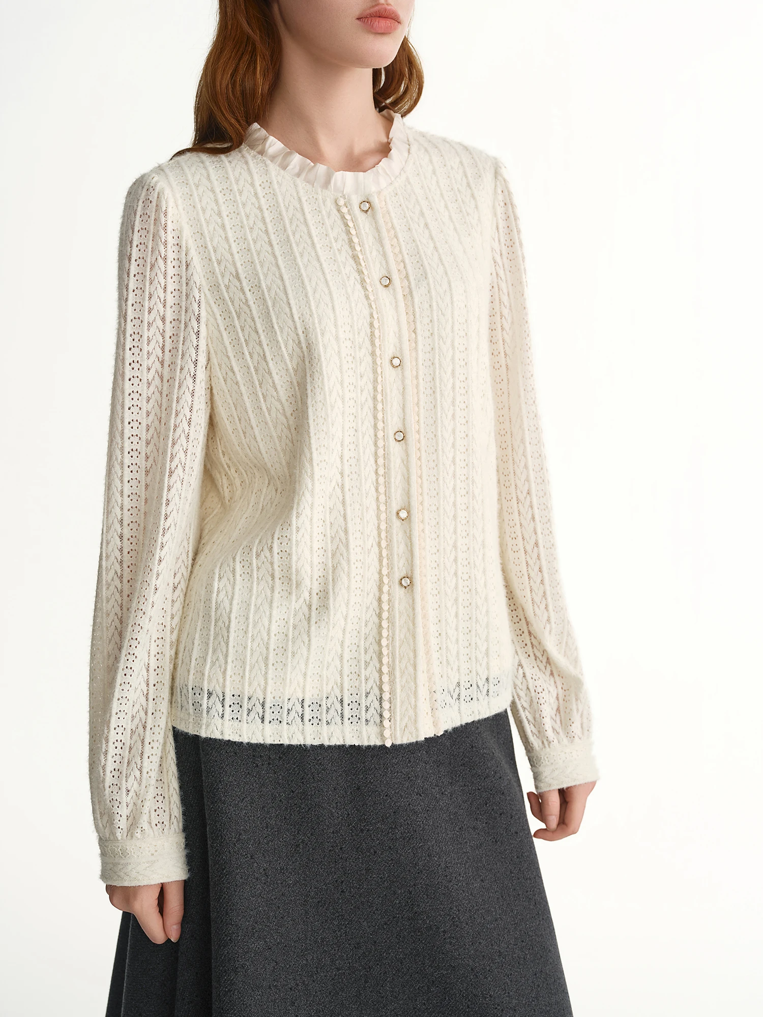 DUSHU 2025 Winter Women's Elegant Lace Blouse with Intricate Cut-out Design - Soft Romantic Style for Daily and Evening Wear