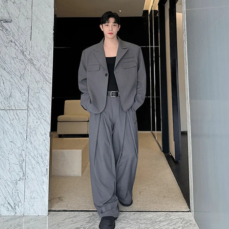 

Niche Design Male Suit American Single Button Suit Jacket Drooping Pleated Wide Leg Pants 2024 Autumn Two-piece Set