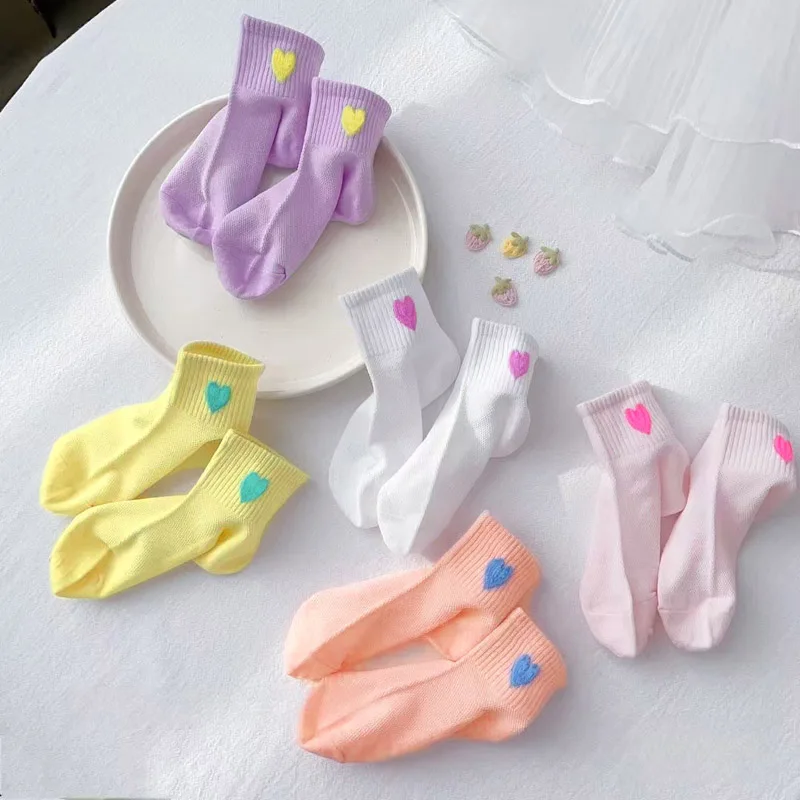 5 Pairs Girls Socks Heart Shape Pattern Mesh Breathable Comfortable Kids Socks