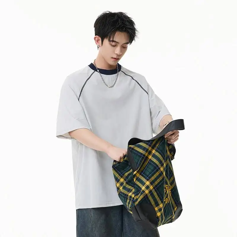 T Minimalist Men's Shirt Textured Fabric Contrast Collar Oversized Fit Short Sleeve Casual Daily Pullover Top WXK8