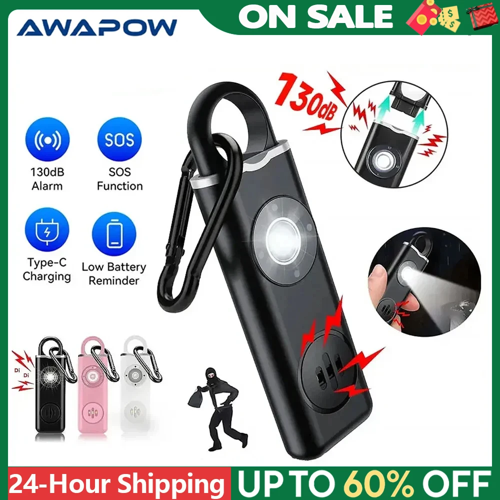 Awapow Personal Defense Alarm 130dB With LED Light Rechargeable Self Defense Woman Safety Alarm Key Chain Emergency Anti-Attack