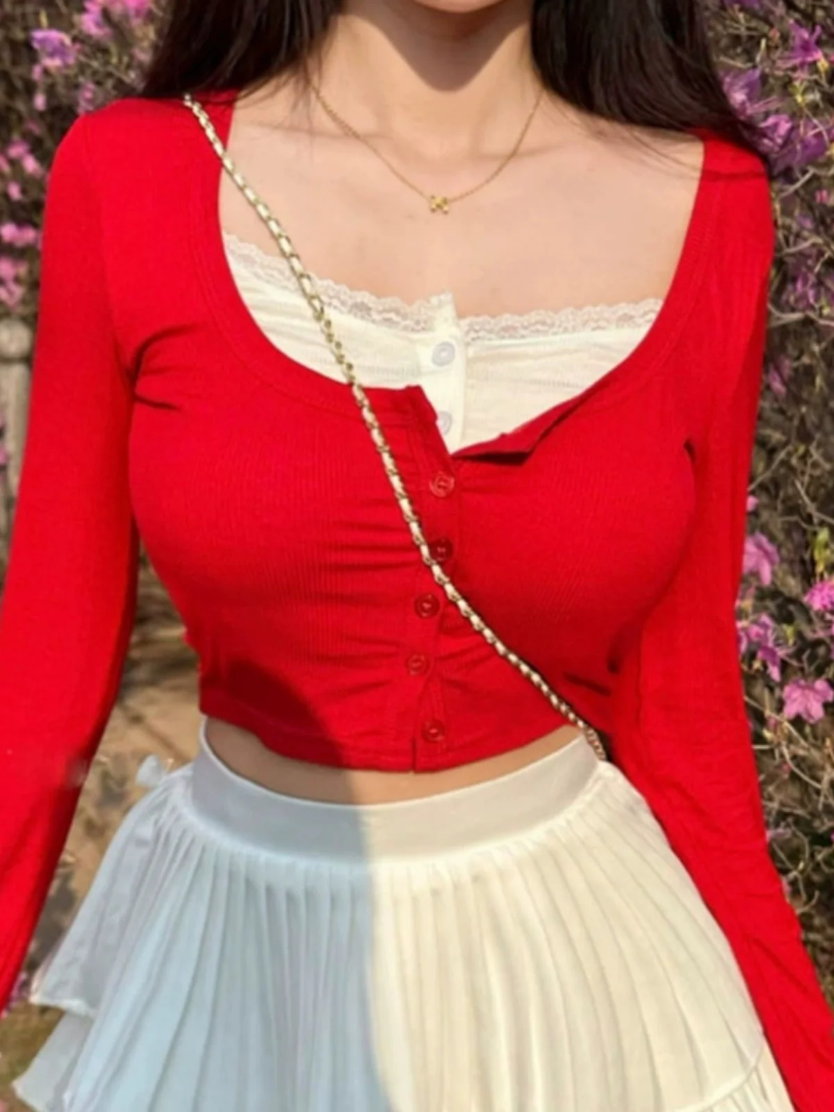 Camiseta larga ajustada Sve para mujer, Color puro, dulce encaje picante, Patchwork, Base Sexy irt, Top adelgazante Faion de otoño