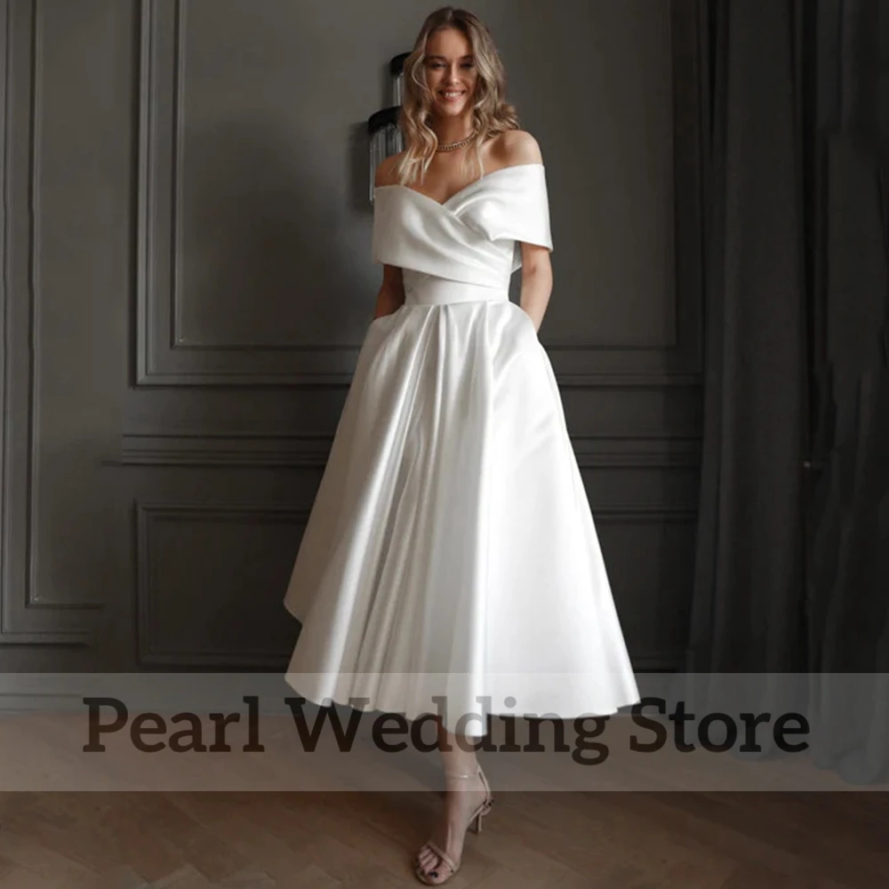 Robe de Mariée en Satin à Plis A-ligne, Vêtement Mi-mollet à Lacets, avec Poche, Sexy au Dos, Personnalisé, pour Patients Civiles