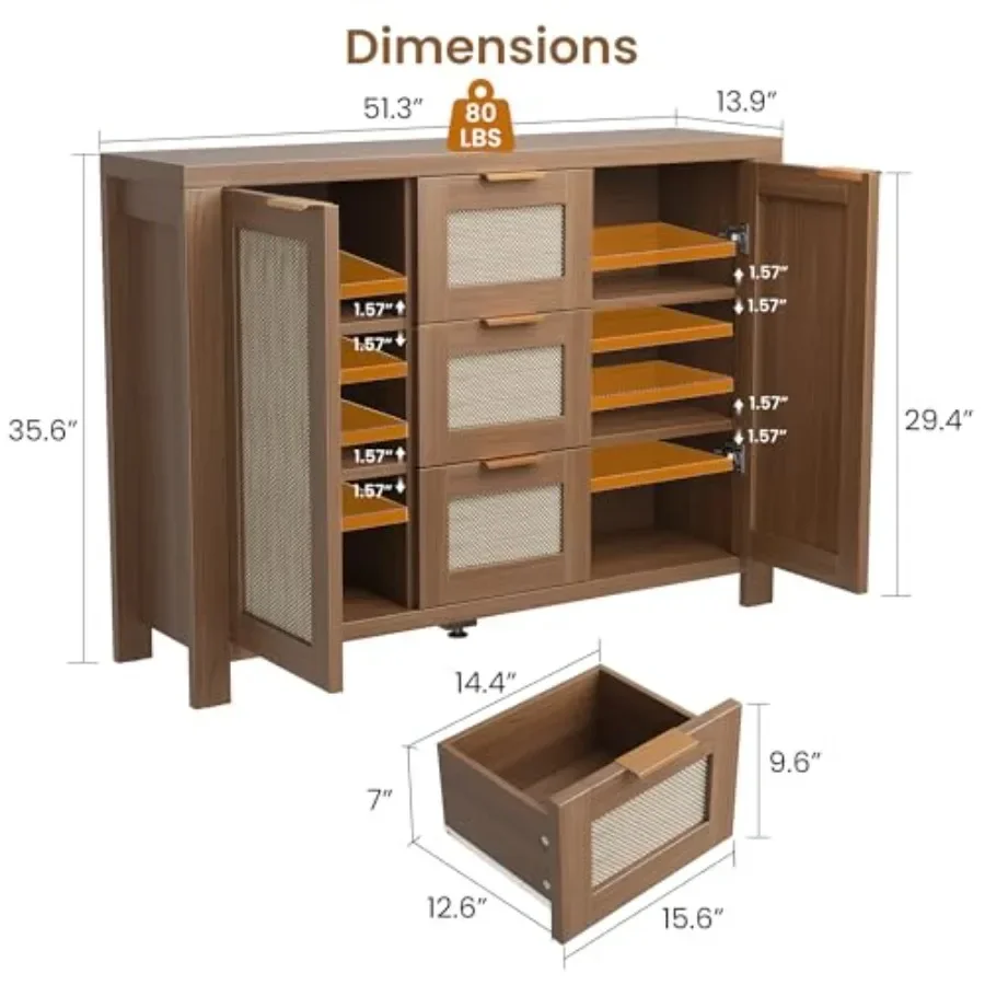 Boho buffet sideboard for dining room, solid wood, natural beige, spacious storage with rustic charm