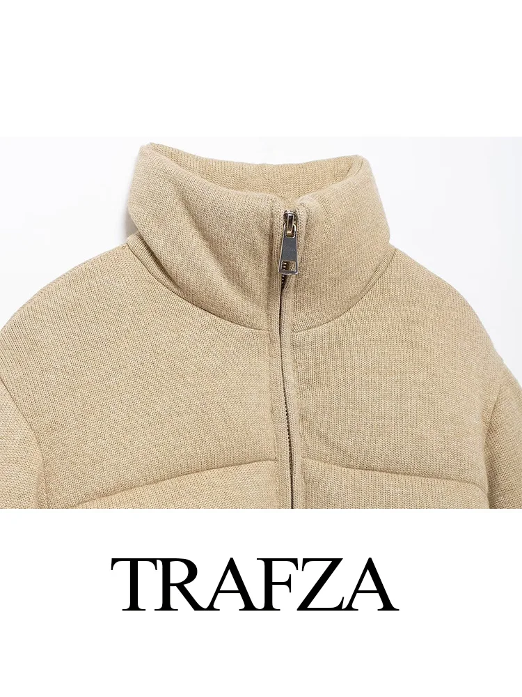 TRAFZA-Veste Courte en Coton pour Femme, Col Montant, Manches sulf, Chic, Fermeture Éclair, Poche Décorée, Haut de Rue, Hiver