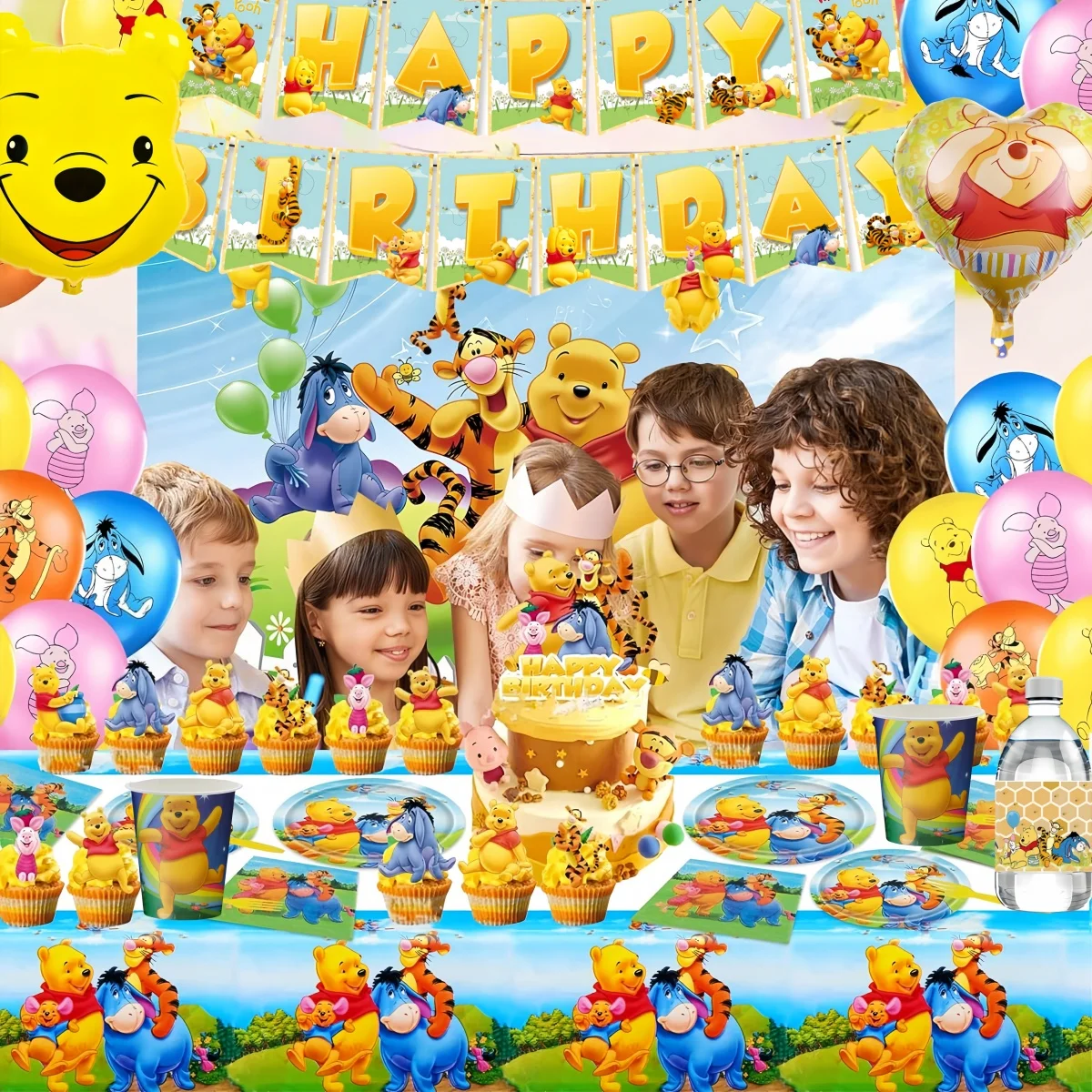 Disney Winnie the Pooh 20pepole Disposable Tableware set Birthday Party Decoration Tablecloth Plate Kids Favors Party Supplies