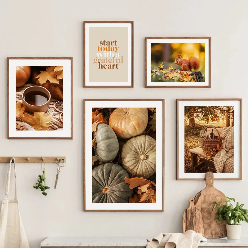 Pósteres De café con diseño De hojas De árbol De otoño, calabaza, ardilla, impresiones en lienzo, pintura De paisaje, imágenes artísticas De pared para sala De estar y hogar