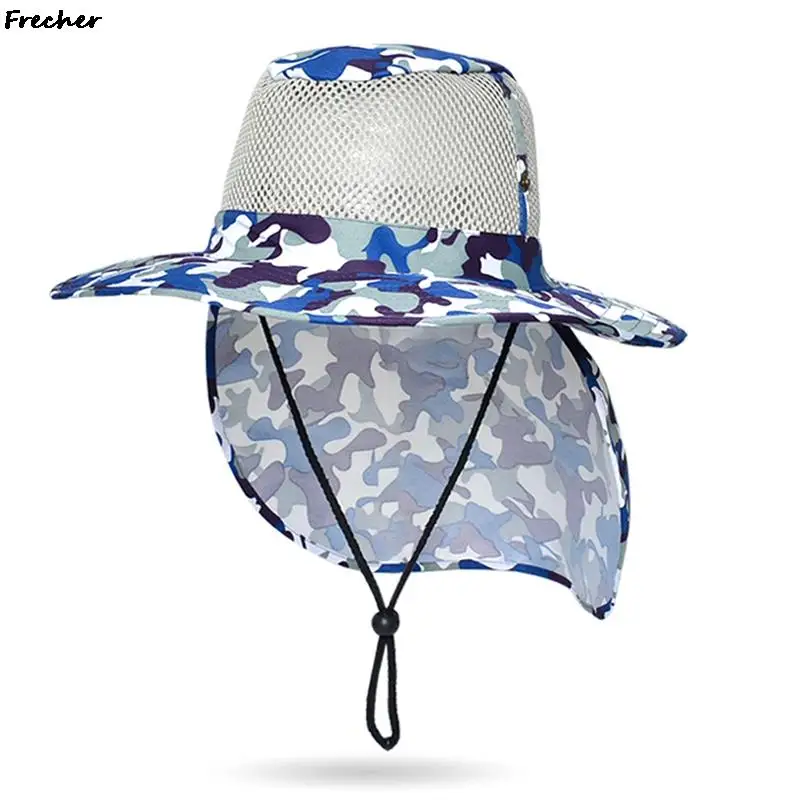 Military Marine Sun Hat UV Protection Fishing Cap Hunting Hiking Jungle Hats Camouflage Patchwork Grassland Caps Drawstrings