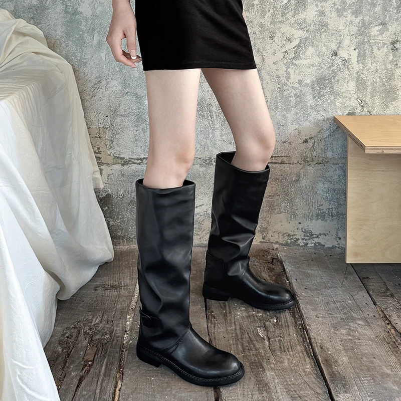 JOZHAMTA Size 34-39 Motorcycle Boots For Women Knee High Boots Wide Calf Real Leather Thick Heels Shoes Winter 2025 Riding Boots