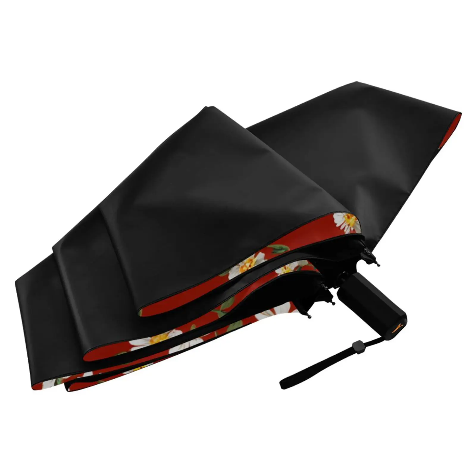 Flowers Print Three Folding Umbrella Parasol Women Anti-UV Sun Protection Umbrella Outside Black Coating 6 Ribs red