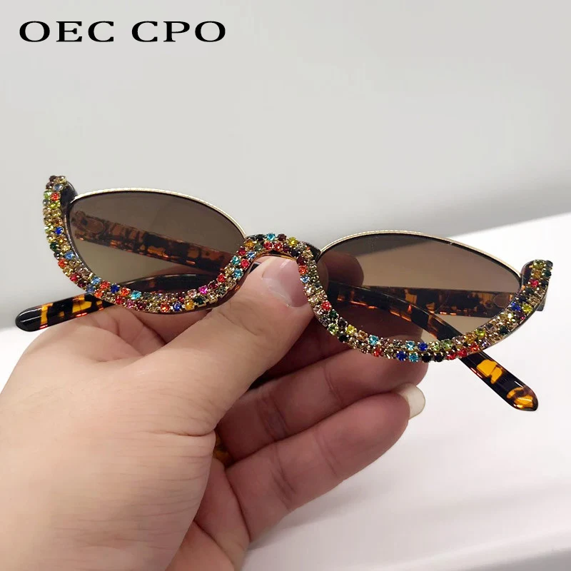 Lunettes de soleil demi-cerclées OEC CPO New Diamond pour femme, style vintage, petites lunettes de soleil ornées de strass, lunettes de soleil punk pour femme, protection UV400