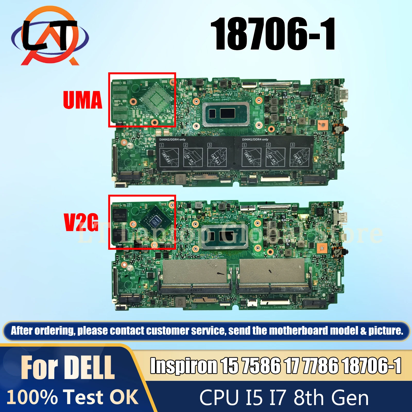 

18706-1 For Dell Inspiron 15 7586 17 7786 0K2X16 0H3KD8 CN-0C6KN0 Laptop Motherboard With I5-8265U I7-8565U MX150 2G GPU