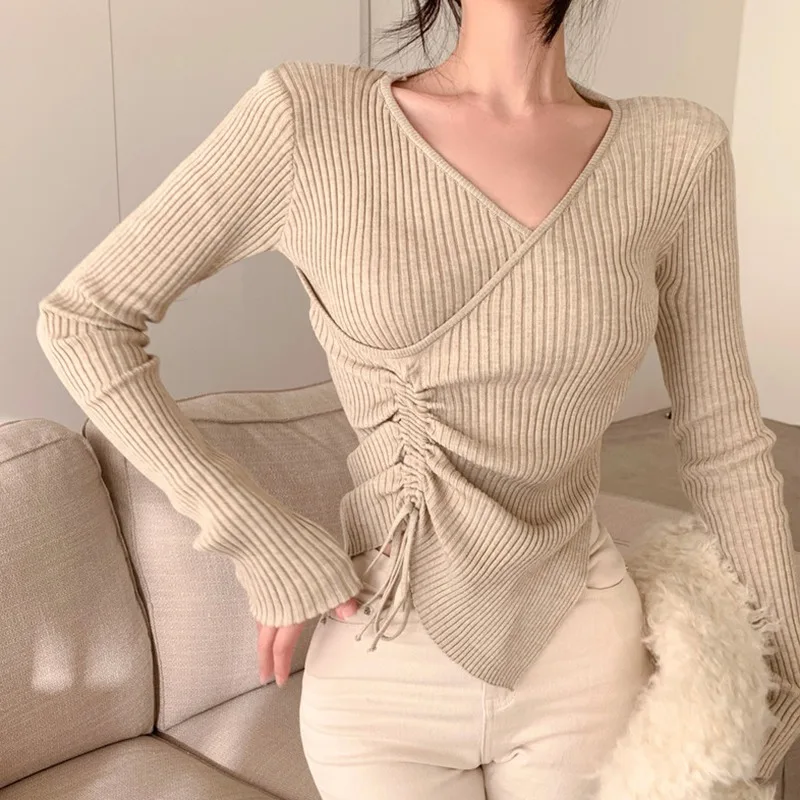 Ladies V-neck Drawstring Tie Pleated Long Sleeve Top Irregular Hem Cotton Knit Bottom Shirt Pullover Sweater