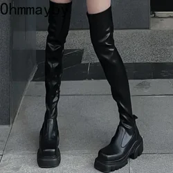 Elastic Slimming Women Over The Knee High Boots Fashion Back Zippers Shoes Square Heel Autumn Winter Ladies Knight Long Booties