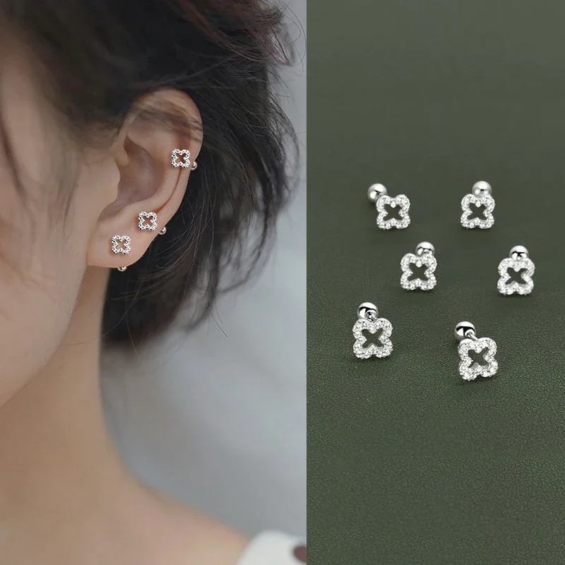 Beliebte Silberfarbene Kleeblatt-Zirkon-Ohrstecker für Damen, Süße Exquisite Schraubverschluss-Ohrschmuck, Geburtstagsgeschenke – Detail 5