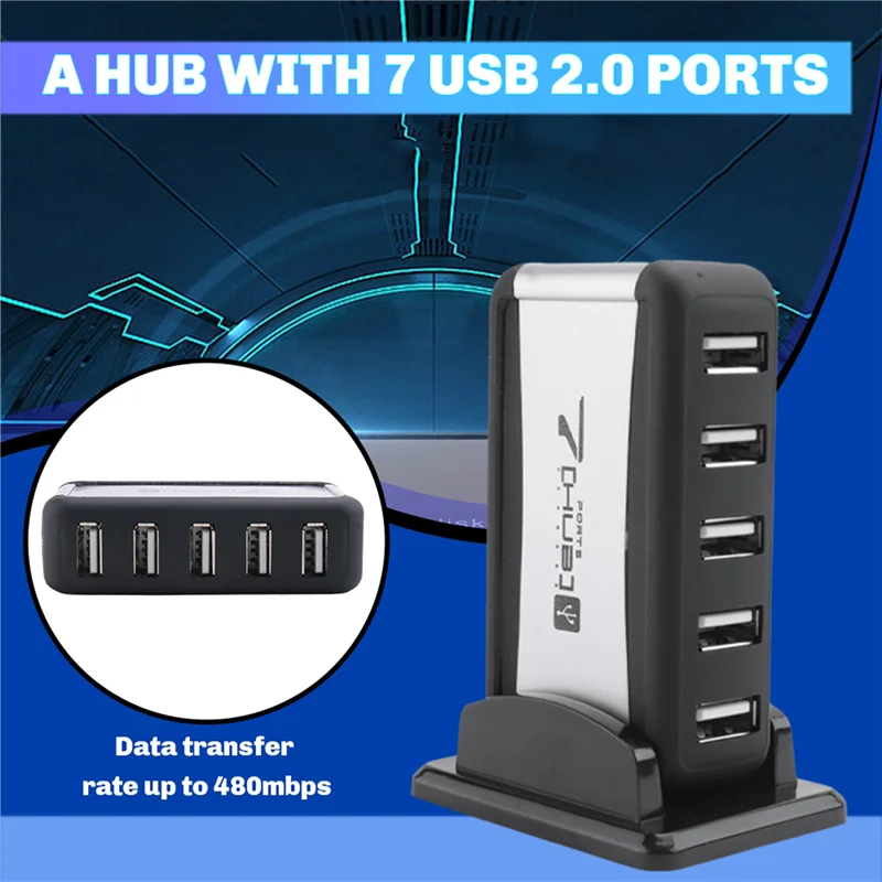 Eu Plug External Hub 7 Usb 2.0 Ports With Multi-Socket Power Supply Slot For Notebook Pc Mac-N36R