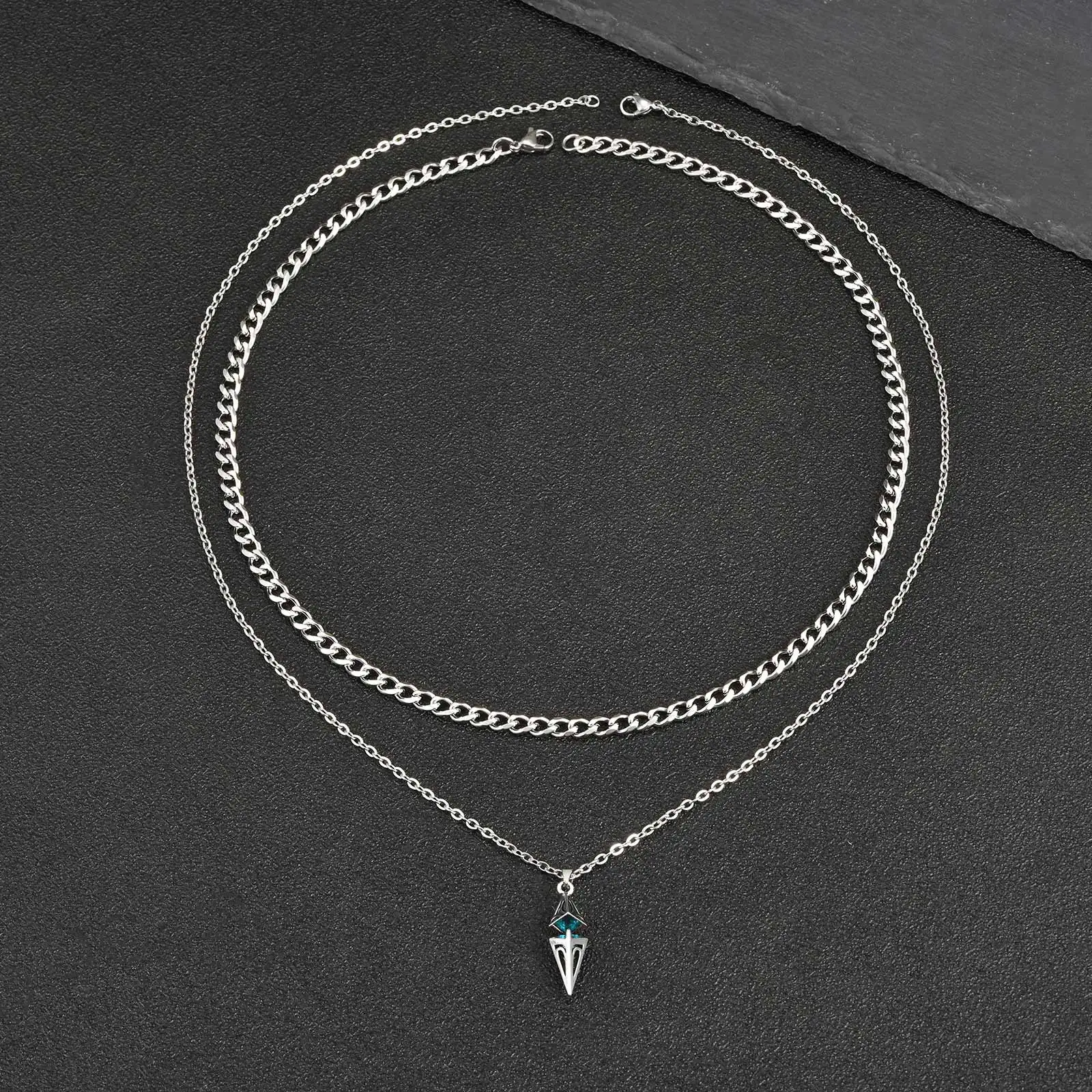 Blaue Stein-Geometrie-Layering-Halsketten für Männer, Hip-Hop-Edelstahlkette, Geschenk für Valentinstag und Geburtstagsfeier – Detail 5