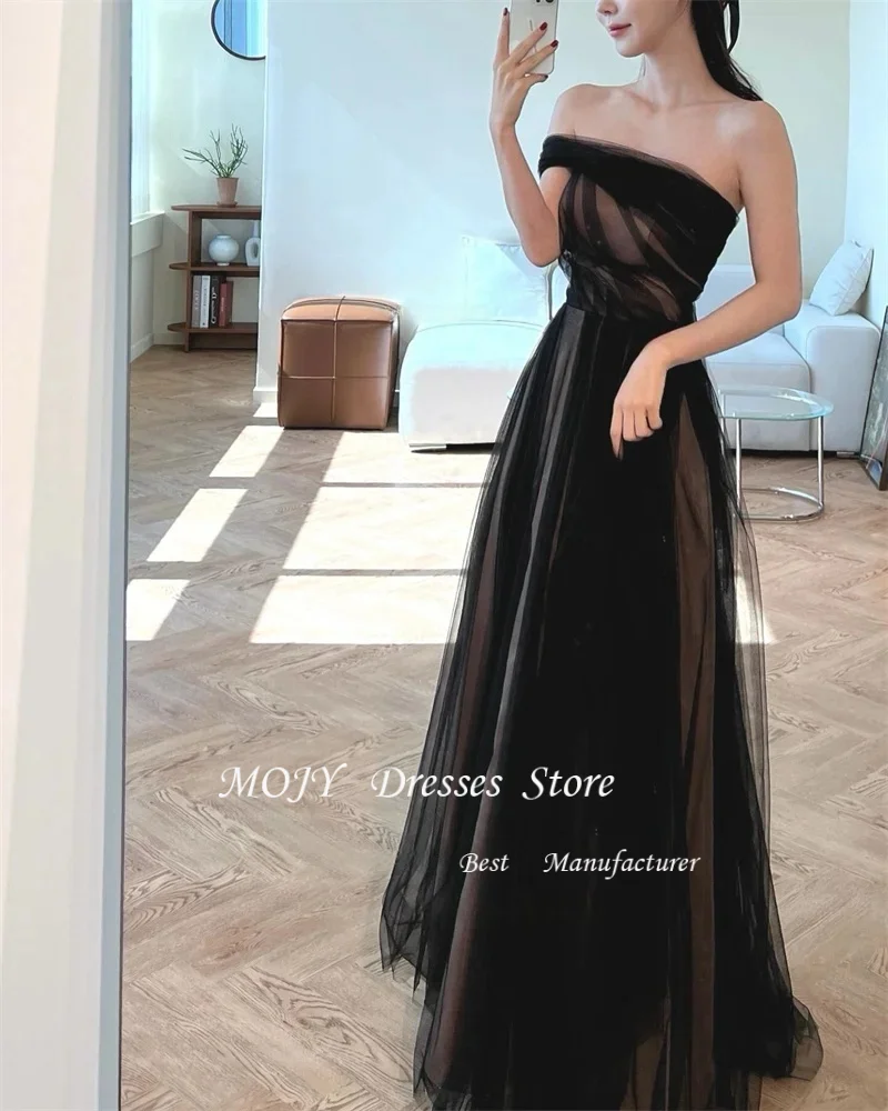 Mojy personalizado simples preto praia coreia senhora vestidos de baile tule um ombro até o chão vestido de noite formal 이