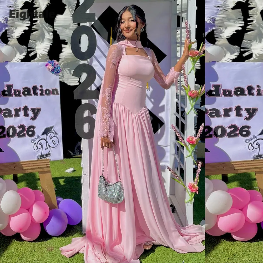 

Eightale Arabic Evening Dress Chiffon Lace Long Sleeves Customized Pink Wedding Prom Gown Party Dress Halter robe de soiree