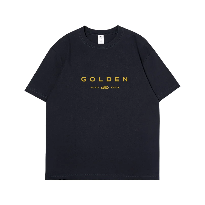 JungKook Gold Short sleeved Men\'s Aesthetic Standing by Your Side Short sleeved Cotton Album Letter Print Gold Short sleeved