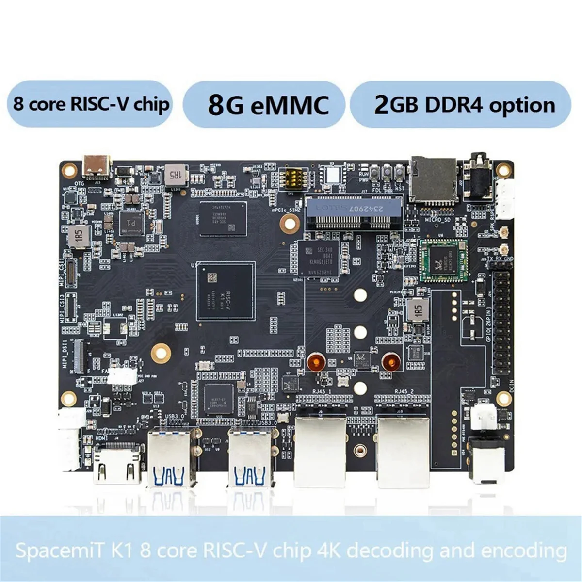 Placa de desenvolvimento AT87-For Bananapi BPI-F3 SpacemiT K1 8Core RISC-V Chip 2G LPDDR4 8G EMMC 2.4G/5G WiFi BT 4.2 Placa-mãe