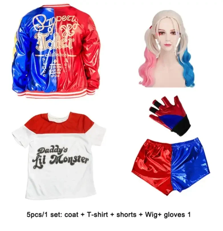 2025 Halloween Top Kwaliteit Meisjes Vrouwen Suicide Harley Cosplay Kostuums Squad Quinn Monster Gestikt Jas Broek Sets