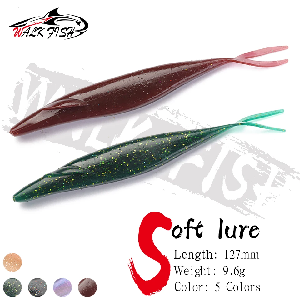 WALK FISH Lot de 6 leurres souples artificiels en silicone, 12,7 cm, 9,6 g, queue fourchue en PVC, coulants, pour la pêche au brochet, au bar et autres poissons.