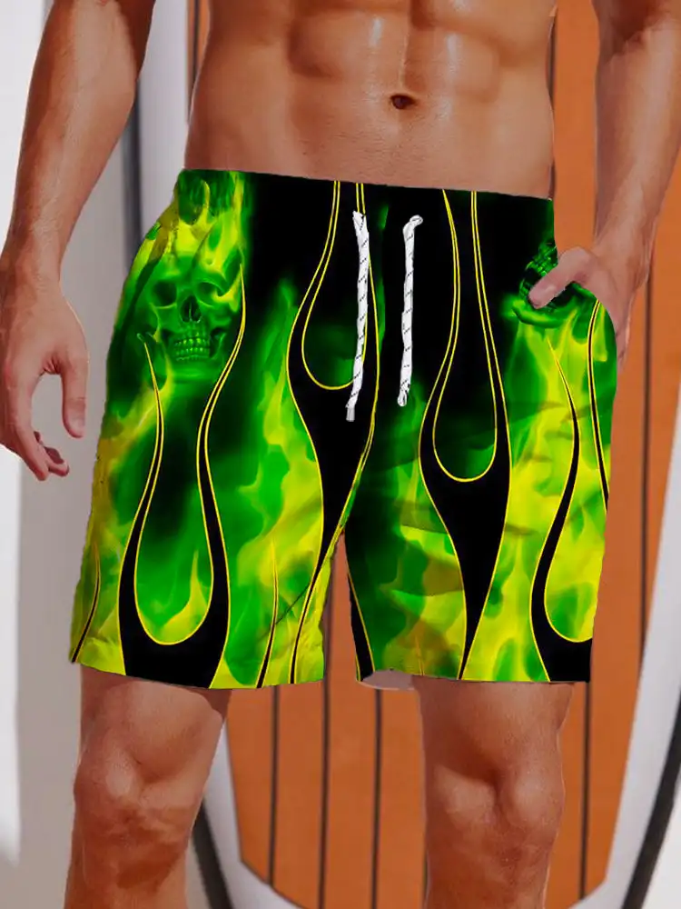 New Men's Summer Shorts Loose Luxury Shorts 3D Printed Casual Green Flame Printed Harajuku Shorts Hawaiian Beach Shorts