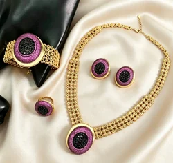 JRH Women Black Gold Copper Jewelry Set with Zircon Inlay Bracelet Ring Necklace Earrings for Wedding Gift Fashion Party