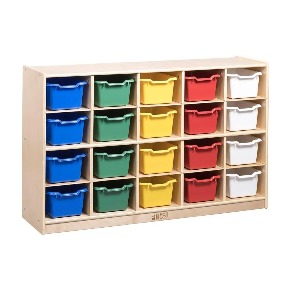 

20 Cubby Mobile Tray Cabinet with 20 Scoop ront Storage Bins, 4x5, Natural, Classroom urniture, Assorted