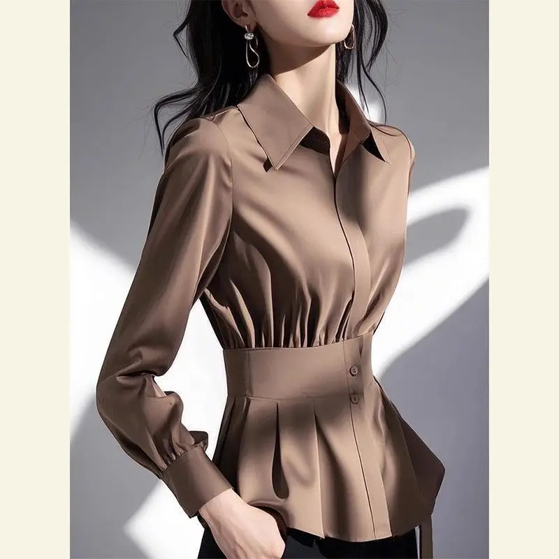 

Spring Fall Women Elegant Office Lady High Waisted Ruffles Plated Imitation Silk Coffee Top Shirt , Woman Casual Tops Shirts