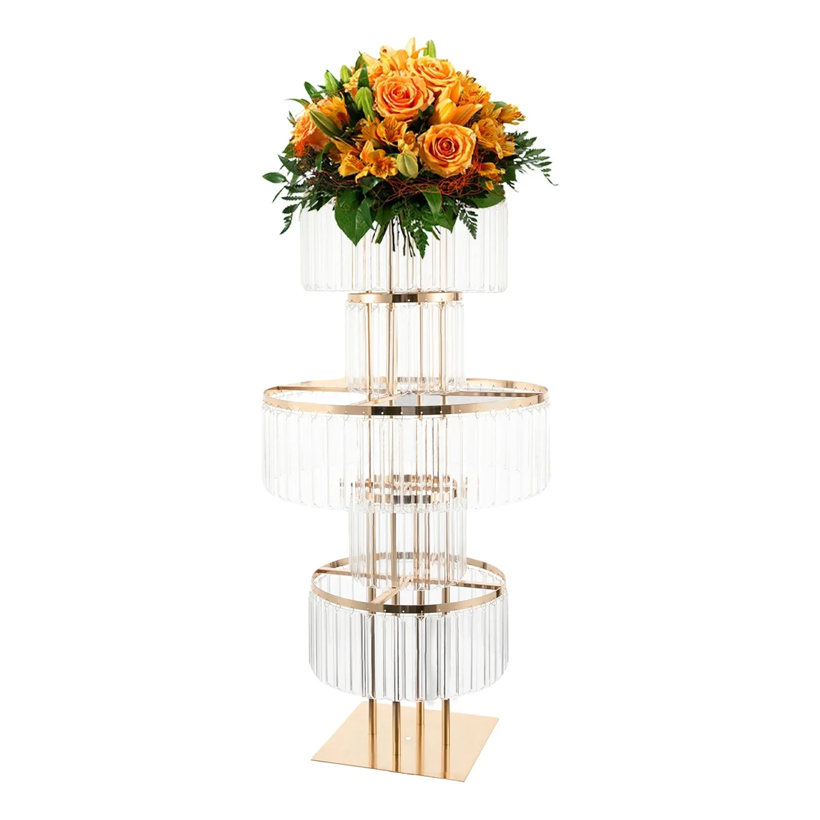 

Crystal Flower Stand with Hanging Crystals, Gold Vases, Wedding Centerpieces, 5 Tier Round Chandelier, Pedestal Stand, 4Pcs