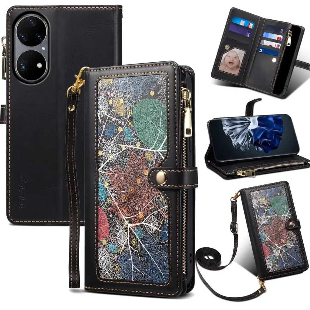 

Flower pattern Leather Flip Case For Huawei P50 Pro P50Pro Wallet Card Slot Holder Mobile Phone Cover With Free Rope