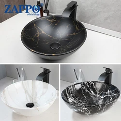 ZAPPO Round Vessel Sink 17'' Round Bathroom Vessel Sink Above Counter Porcelain Ceramic Bathroom Lavatory Vanity Sink Art Basin