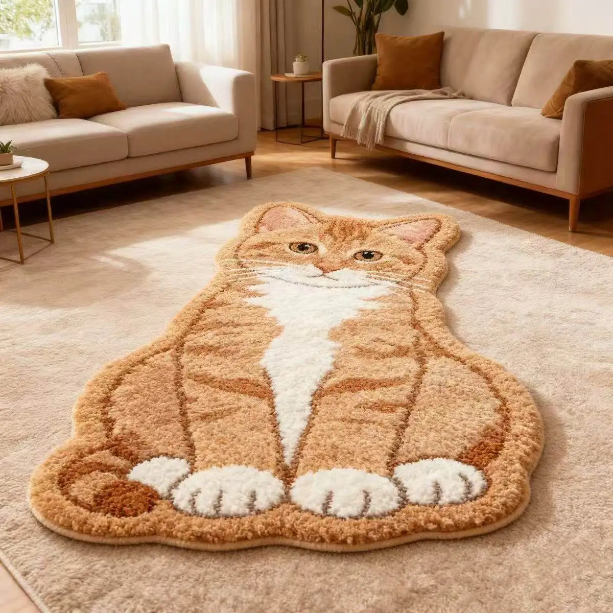 VIKAMA Sitting Orange Tabby Cat Shaped Rug Non Slip Washable Plush Floor Mat Lovely Bedroom Side Bed Decor Carpet