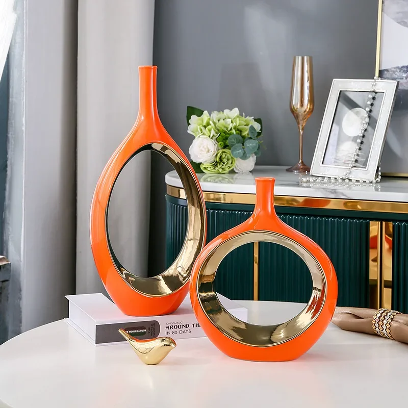

Ceramic Vase Golden Hollow Out Abstract Flower Arrangement Round Flower Vase Hydroponics Modern Home Decoration Accessories
