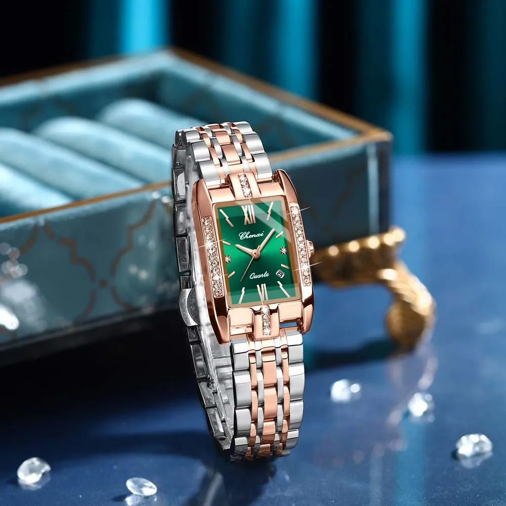 CHENXI ใหม่สแควร์สุภาพสตรีนาฬิกาวันที่แสดงสายสแตนเลสแข็งเพชรเน้นแฟชั่นนาฬิกาควอทซ์สําหรับผู้หญิง