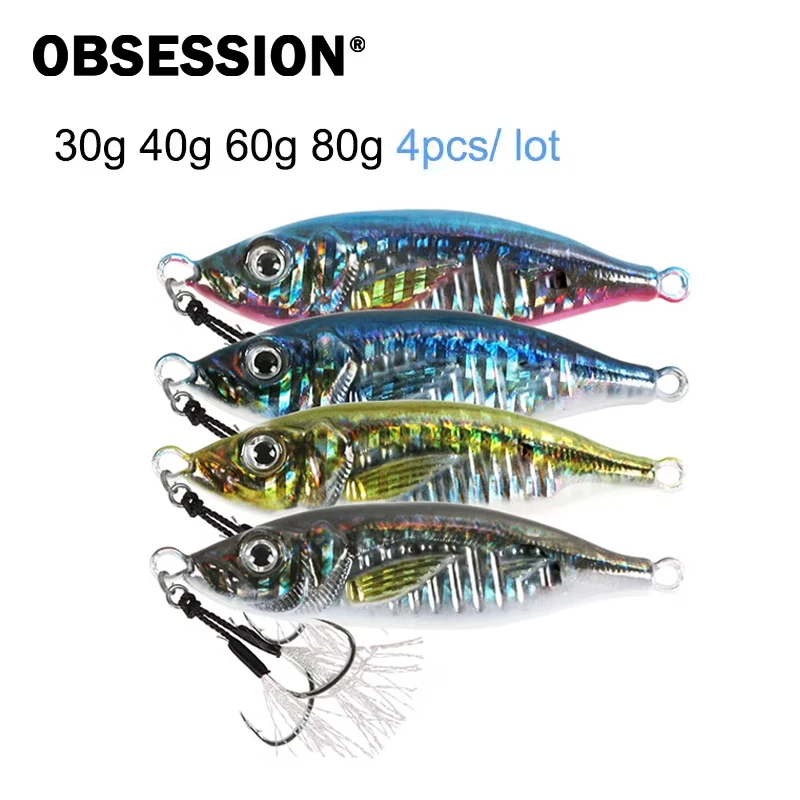 OBSESSION J93, Juego de 4 Señuelos de Pesca Tipo Jigging de Metal, Impresos en 3D, Forma de S, Micro, Hundimiento Lento, 30g 40g 60g 80g, con Anzuelo