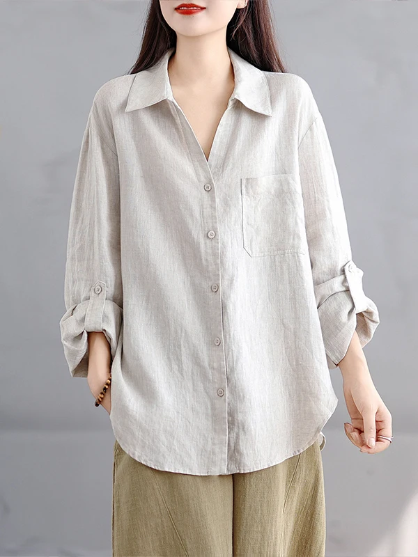 Colletto retrò Lungo Sve Cotone Lino irt Donna Autunno Pendolarismo Allentato Casual Bottone Roll up Sve irt Top