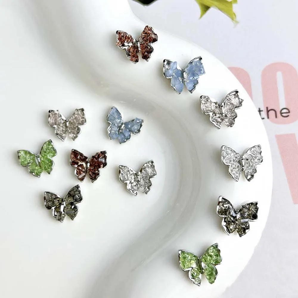 10Pcs Alloy Butterfly Nail Art Charm 3D Crystal Broken Diamond Silver Butterfly Nail Ornament DIY Exquisite Nail Accessories