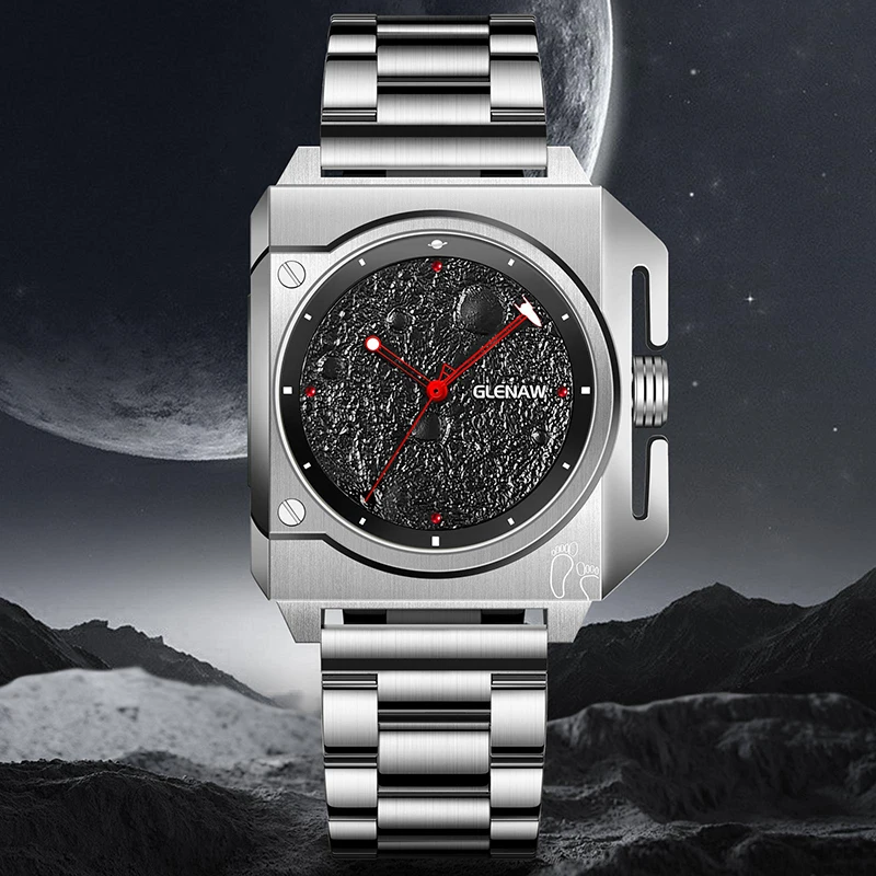 GLENAW authentic spaceship style Moon Explorer series unique three-dimensional square case design luminous pointer waterproof wa