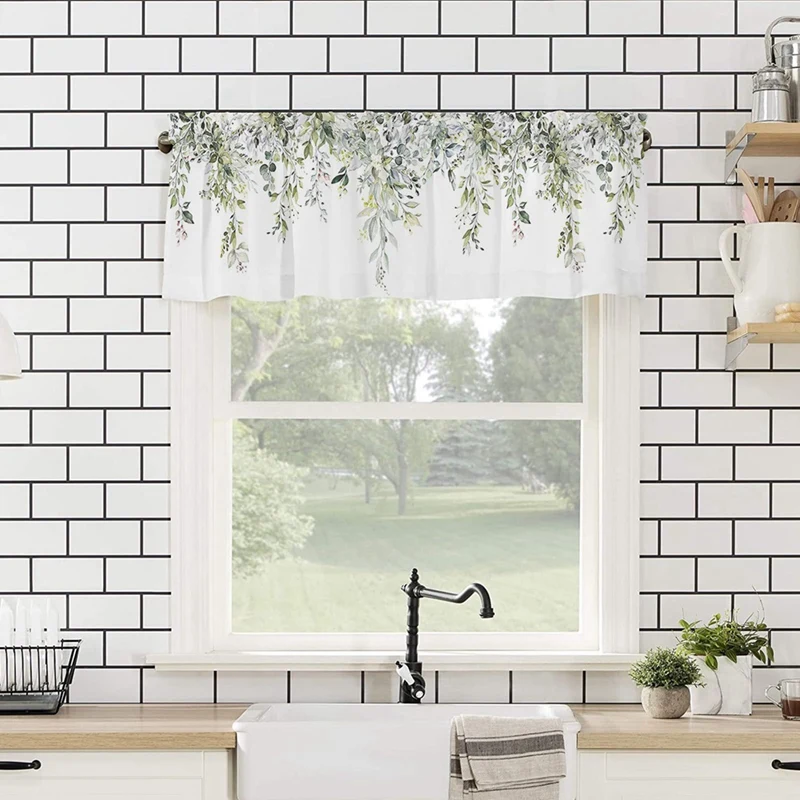 Sage Green Curtain Valance For Windows Watercolor Eucalyptus Leaf Rod Pocket Valance Window Treatments Plant Leaves Easy To Use