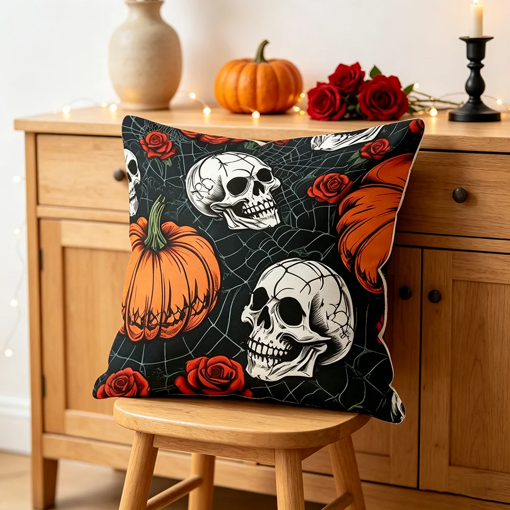 1PCS Digital Print Pillow Covers, Cushion Covers, Gothic Skulls Pumpkins Red Roses Spider Webs Dark Spooky Halloween Decor