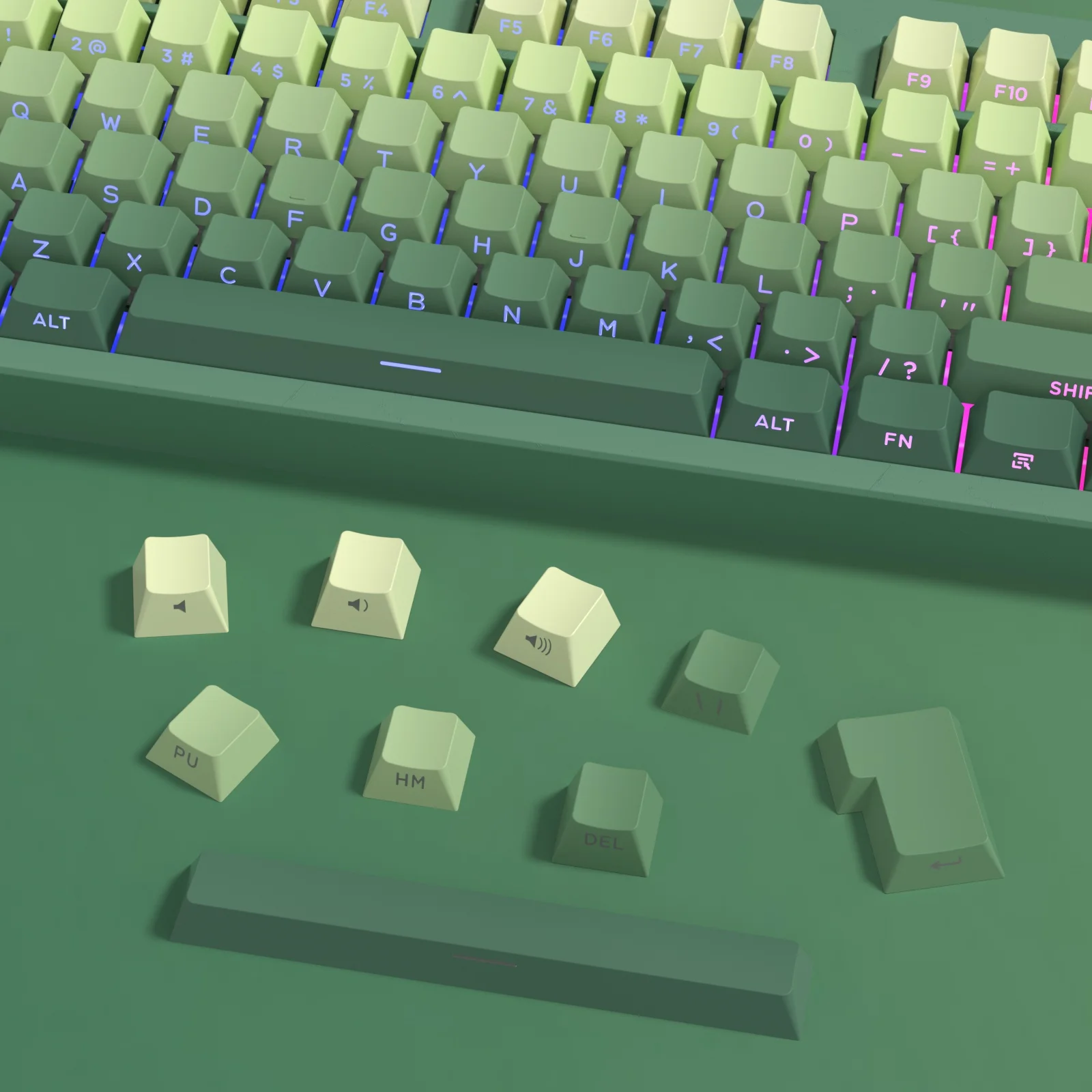 Imagem -05 - Kbdiy-lado Impresso Pbt Keycaps 133 Teclas Verde Gradiente Brilho Através de Keycaps Perfil Cereja Tiro Duplo para Teclados Mecânicos