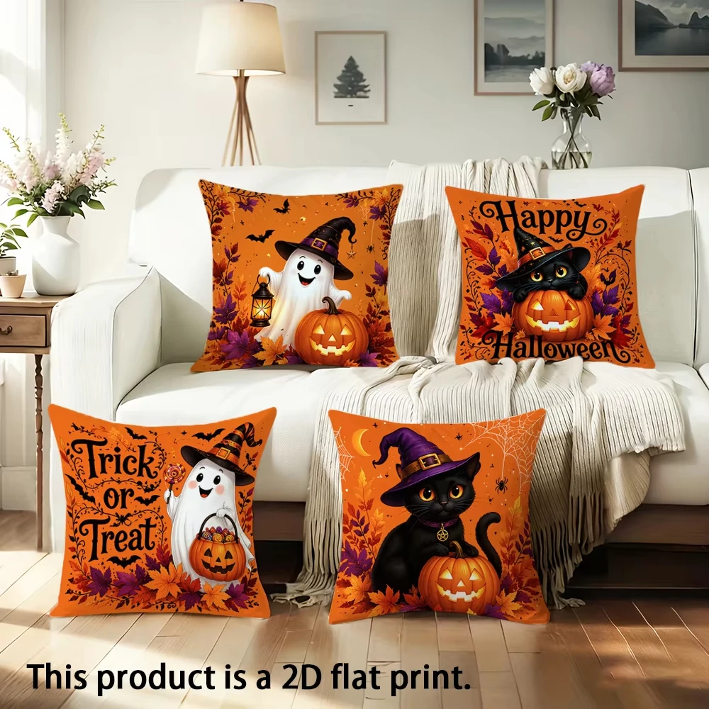 1pc Halloween Cute Ghost Black Cat Throw Pillow Covers Design Print Sofa Living Room Autumn Spooky Home Party Decoration