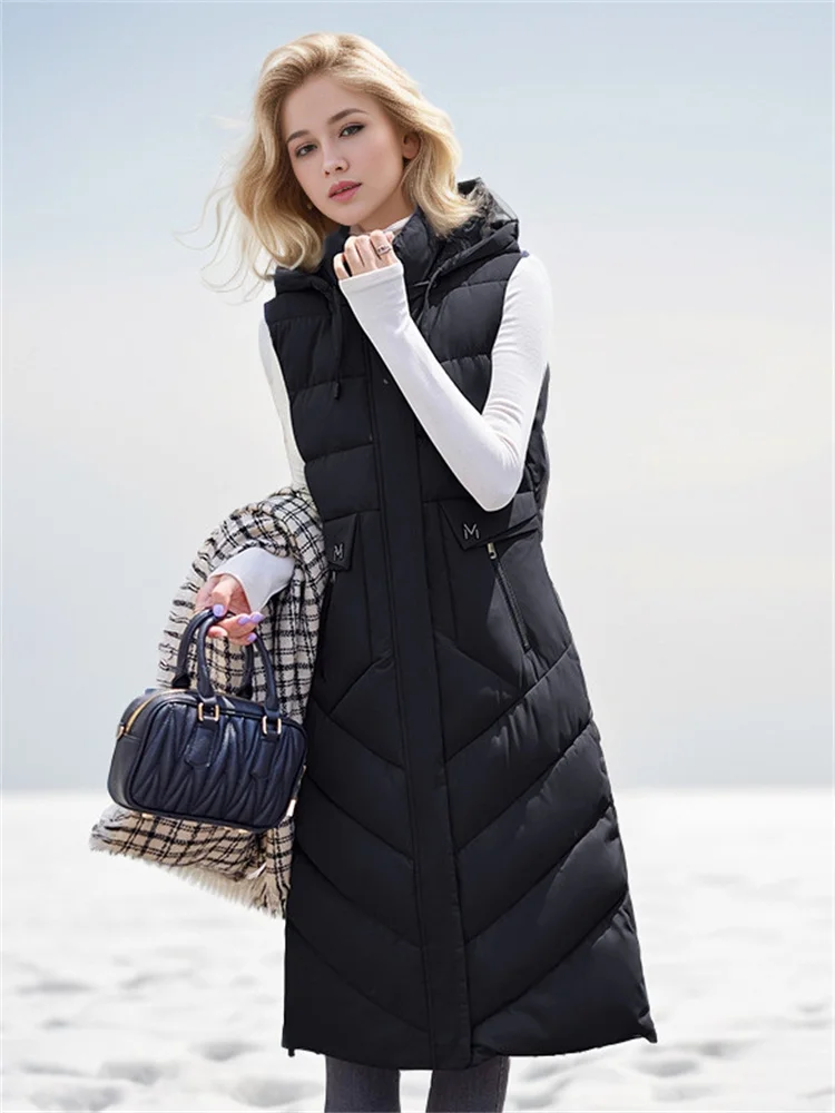 Fall-Winter 2024 New Women\'s Jacket With Long Cotton Waistcoat Vogue Over-The-Knee Hooded Padded Sleeveless Vest Warm Coats