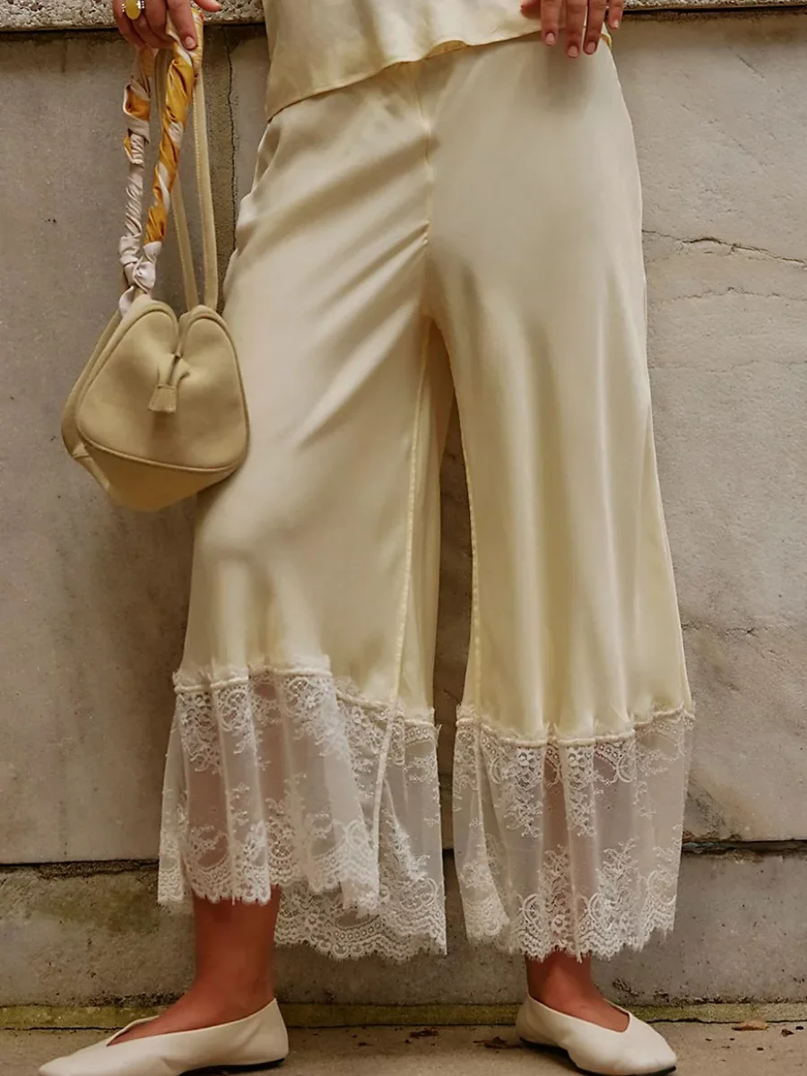 

Женские атласные широкие брюки с кружевной отделкой по подолу, повседневные свободные брюки с низкой талией и эластичным поясом, пляжные брюки для отдыха