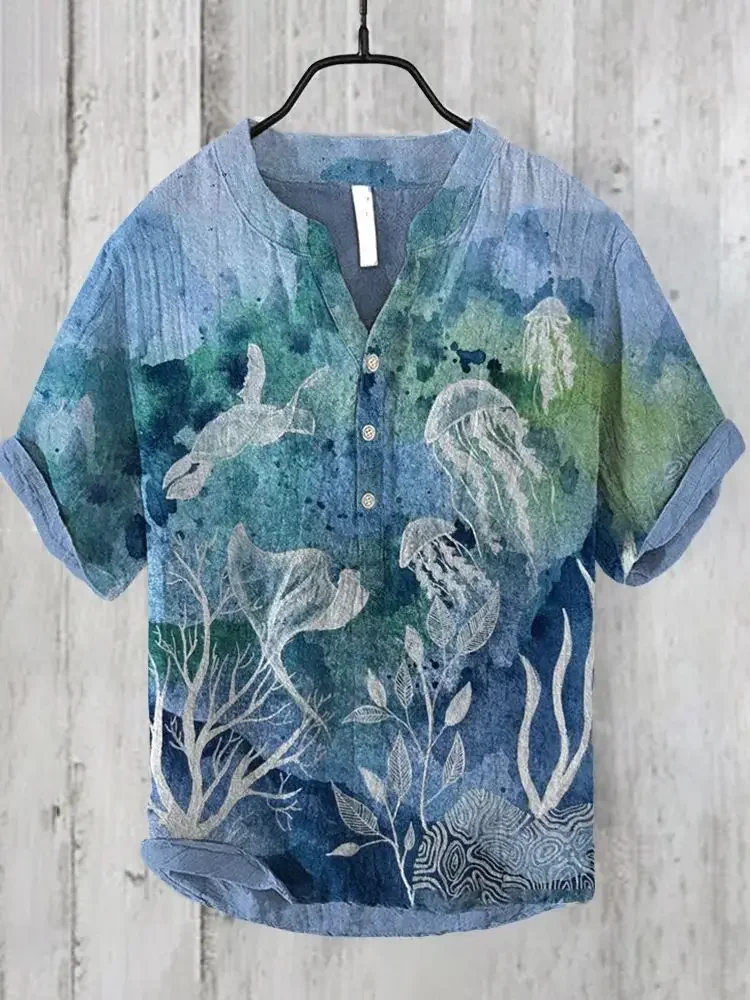 Foreign trade men's social Hawaiian shirt casual short sleeved marine life series printed vacation elegant luxury style clothing